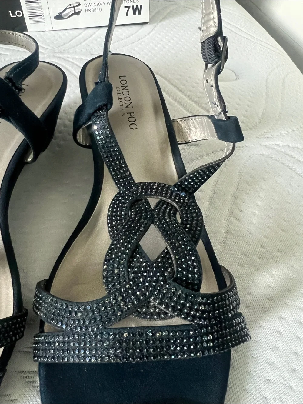 LONDON FOG Womens Macey Demi-Wedge Dress Sandals Women's Navy Rhinestone 7 Wide